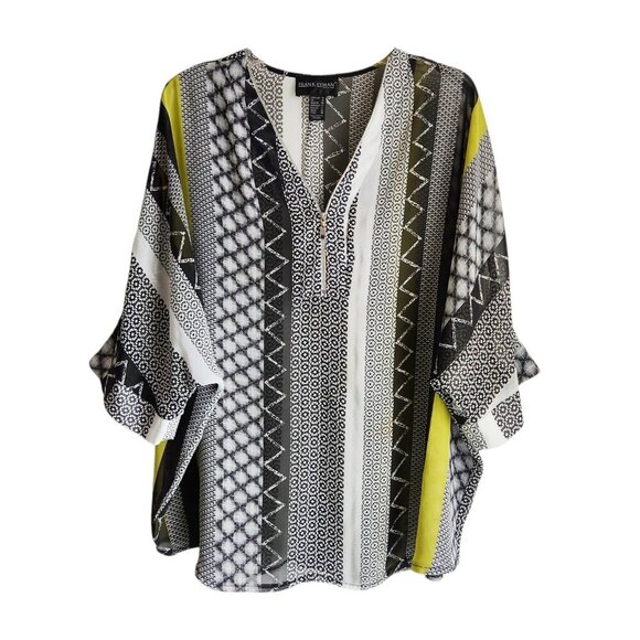 Frank Lyman Sheer Tunic Blouse | US 14 | Black White Lime Half Zip - Picture 1 of 10